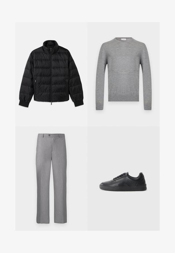 Sort quilted, polstret jakke med høj krave, frontal lynlås, lynlåslommer i siderne og elastiske manchetter på en hvid baggrund.; Lysegrå langærmet crewneck-trøje i fint strikket stof med ribstrikkede manchetter og kant, vist på ensfarvet hvid baggrund.; Grå skræddersyede bukser med bælte-løkker, frontknap og lynlås, med lige ben.; Sorte lædersneakers med en glat finish, rund tå, struktureret sidelæder og sorte snørebånd. Har en flad gummisål og et minimalistisk design.