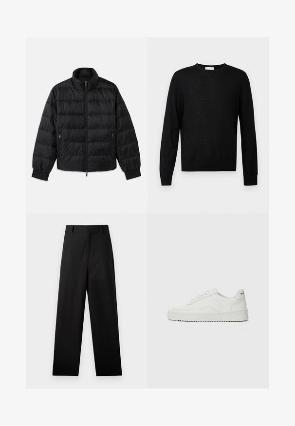 Schwarze, gesteppte, gepolsterte Jacke mit hohem Kragen, Frontreißverschluss, seitlichen Reißverschluss-Taschen und elastischen Bündchen auf einem weißen Hintergrund.; Schwarzer Langarm-Pullover aus weichem Stoff, mit einem runden Halsausschnitt, gerippten Bündchen und einem geraden Saum. Minimalistisches Design, ohne Muster.; Schwarze Baumwollhosen mit geradem Bein, ausgestattet mit einem vorderen Knopfverschluss und Seiten Taschen. Glatte Textur, keine Muster.; Weiße Ledersneaker mit glatter Oberfläche, runder Zehenpartie, flachen Schnürsenkeln und strukturiertem Sohlenprofil. Mit einem dezenten Logo an der Ferse.