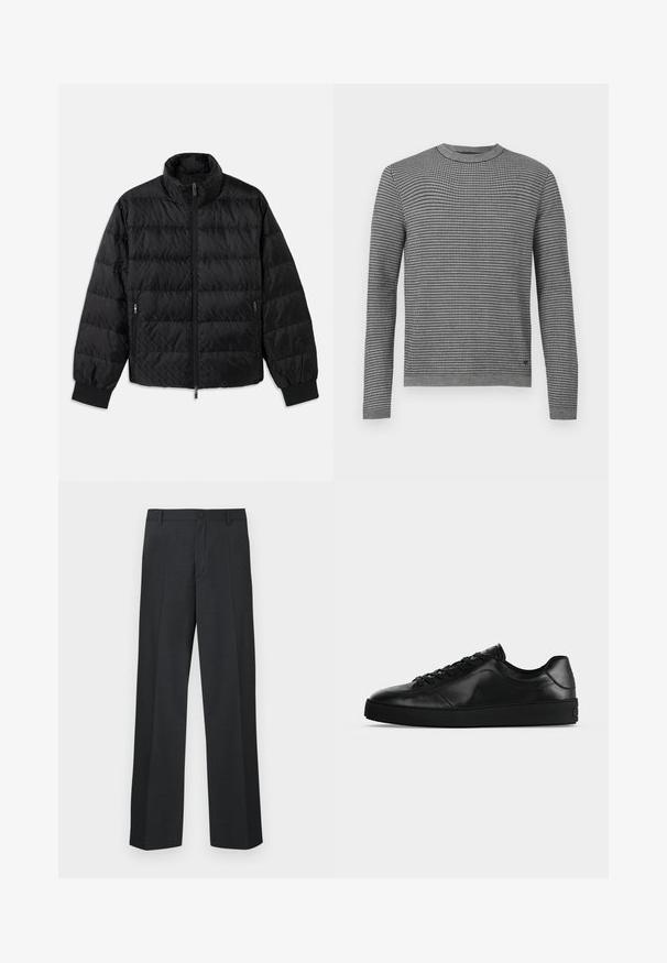 Schwarze, gesteppte, gepolsterte Jacke mit hohem Kragen, Frontreißverschluss, seitlichen Reißverschluss-Taschen und elastischen Bündchen auf einem weißen Hintergrund.; Grauer Strickpullover mit Gittermuster, Rundhalsausschnitt und langen Ärmeln. Strukturierter Stoff mit gerippten Bündchen und Saum. Schlichtes Design.; Dunkelgraue Hose mit geradem Bein, gefertigt aus strukturiertem Stoff, mit einer Knopfleiste und Seitentaschen.; Niedrig geschnittener schwarzer Ledersneaker mit Schnürung vorne und strukturierter flacher Sohle, seitlich auf neutralem Hintergrund gezeigt.