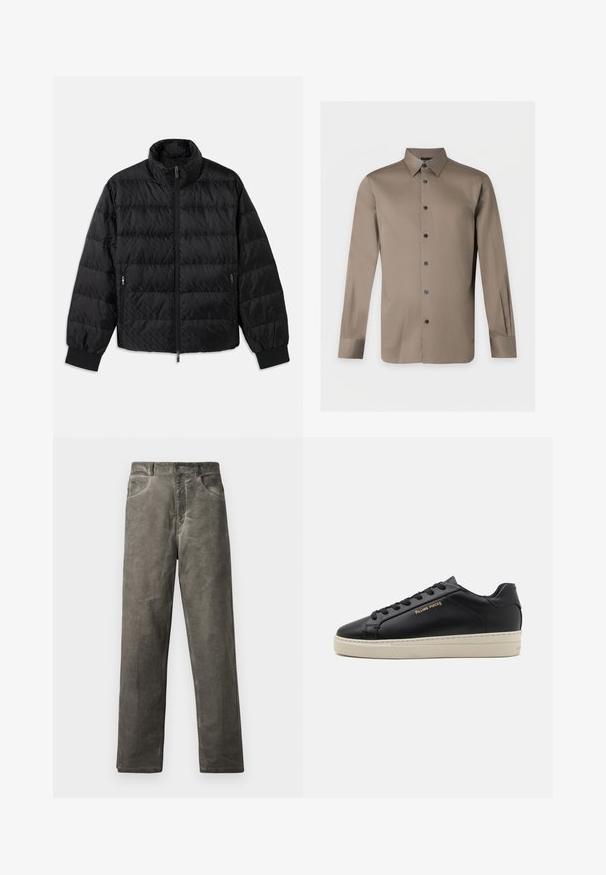 Schwarze, gesteppte, gepolsterte Jacke mit hohem Kragen, Frontreißverschluss, seitlichen Reißverschluss-Taschen und elastischen Bündchen auf einem weißen Hintergrund.; Braunes Langarmhemd mit Knöpfen, klassischem Kragen und schwarzen Knöpfen, auf weißem Hintergrund dargestellt.; Graue, gerade geschnittene Hosen aus weichem Baumwollstoff mit glatter Textur. Verfügt über Fronttaschen und einen Knopfverschluss.; Schwarze Leder-Sneaker mit glatter Oberfläche, kontrastierender cremefarbener Sohle, abgerundeter Spitze, goldfarbenem Logo an der Seite und sechs Ösen für die Schnürsenkel.