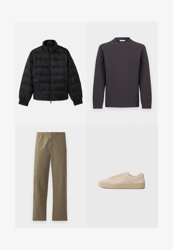 Zwarte gewatteerde jas met hoge kraag, voorrits, ritszakken aan de zijkanten en elastische manchetten op een witte achtergrond.; Donkergrijs shirt met lange mouwen, wafelstructuur, ronde hals en geribbelde manchetten, getoond tegen een witte achtergrond.; Khaki broek gemaakt van lichtgewicht stof. Heeft een elastische tailleband, een knoopsluiting, rechte pijpen en een soepele textuur.; Beige suede sneaker met een ronde neus, platte veters en een gestructureerde rubberen zool. Minimalistisch ontwerp met gladde randen en subtiele stiksels.