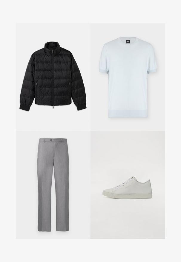 Schwarze, gesteppte, gepolsterte Jacke mit hohem Kragen, Frontreißverschluss, seitlichen Reißverschluss-Taschen und elastischen Bündchen auf einem weißen Hintergrund.; Hellblaues, kurzärmeliges, gestricktes T-Shirt mit strukturiertem Muster, geripptem Kragen und Bündchen, mit „BOSS“-Label auf dem innenliegenden Nackenetikett.; Grau maßgeschneiderte Anzughose mit Gürtelschlaufen, vorderem Knopf und Reißverschluss, mit geradem Bein-Schnitt.; Weiße Leder-Sneaker mit einem Low-Top-Design, runden Schnürsenkeln, minimaler Naht und einer strukturierten Gummisohle.
