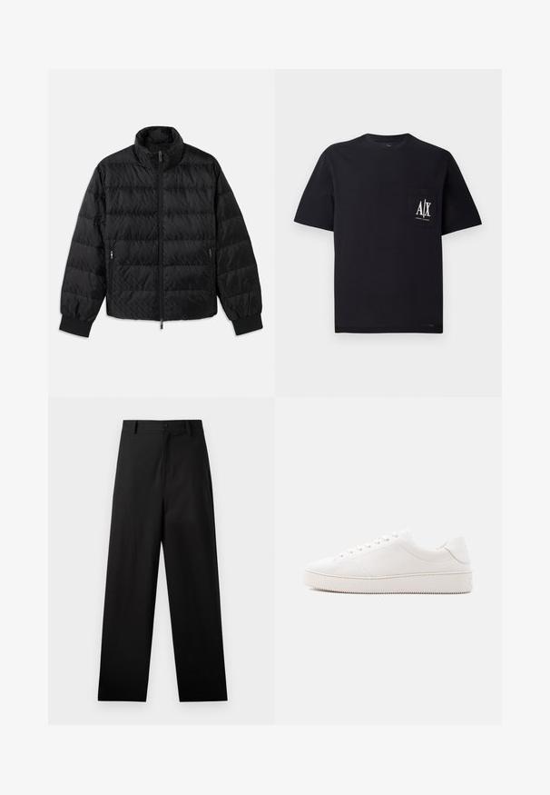 Schwarze, gesteppte, gepolsterte Jacke mit hohem Kragen, Frontreißverschluss, seitlichen Reißverschluss-Taschen und elastischen Bündchen auf einem weißen Hintergrund.; Schwarzes Baumwoll-T-Shirt mit Rundhalsausschnitt und kurzen Ärmeln. Besitzt eine Brusttasche mit weißem "A/X"-Logo. Glatte Textur, lockere Passform.; Schwarze Baumwollhosen mit geradem Bein, ausgestattet mit einem vorderen Knopfverschluss und Seiten Taschen. Glatte Textur, keine Muster.; Weißer Ledersneaker mit glattem Finish, rundem Zehenbereich, sechs Augen für die Schnürung und einer strukturierten Gummisohle. Minimalistisches Design ohne Muster.