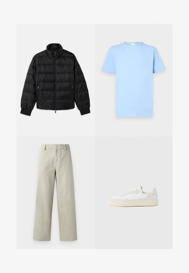 Schwarze, gesteppte, gepolsterte Jacke mit hohem Kragen, Frontreißverschluss, seitlichen Reißverschluss-Taschen und elastischen Bündchen auf einem weißen Hintergrund.; Hellblaues T-Shirt mit kurzen Ärmeln aus weichem Stoff. Rundhalsausschnitt, gerader Saum und minimalistische Textur. Keine Muster oder Akzente.; Han Kjøbenhavn WIDE LEG - Stoffhose - light grey; Weißer Sneaker mit strukturiertem Obermaterial aus Wildleder und Leder. Verfügt über eine runde Zehenpartie, Schnürverschluss und eine kontrastierende beige Gummisohle.