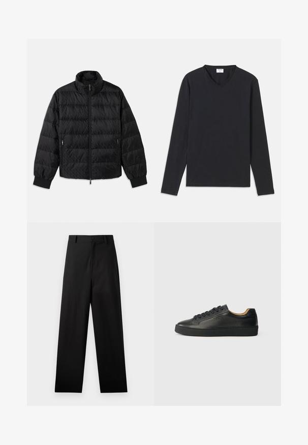 Chaqueta acolchada negra con acolchado, cuello alto, cremallera frontal, bolsillos laterales con cremallera y puños elásticos sobre un fondo blanco.; Camiseta negra de manga larga con diseño de escote en V, hecha de tejido suave, con un corte recto y sin patrones ni acentos visibles.; Pantalones negros de algodón con un diseño de pierna recta, que cuentan con un cierre frontal de botón y bolsillos laterales. Textura lisa, sin patrones.; Zapatilla negra de cuero de caña baja con superficie texturizada, cordones negros y suela de goma gruesa, mostrada de lado sobre un fondo claro.