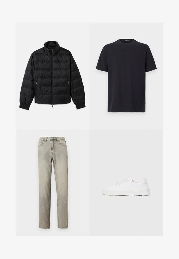 Schwarze, gesteppte, gepolsterte Jacke mit hohem Kragen, Frontreißverschluss, seitlichen Reißverschluss-Taschen und elastischen Bündchen auf einem weißen Hintergrund.; Schwarzes T-Shirt mit Rundhalsausschnitt und kurzen Ärmeln, aus strukturiertem Stoff mit dezentem Muster, bietet eine lockere Passform und geraden Schnitt.; Hellgraue Jeans aus Denim mit geradem Schnitt, fünf Taschen und einem Knopfverschluss. Der Stoff hat eine leicht strukturierte Optik.; Weißer Sneaker mit einem Obermaterial aus glattem Leder, abgerundetem Zehenbereich, Schnürsenkeln, strukturierten seitlichen Akzenten und einer dicken Gummisohle. Minimalistisches Design.