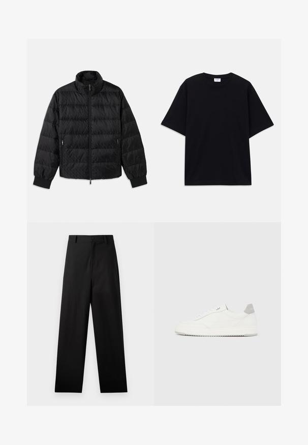 Sort quilted, polstret jakke med høj krave, frontal lynlås, lynlåslommer i siderne og elastiske manchetter på en hvid baggrund.; Sort oversized T-shirt med korte ærmer og rund halsudskæring, med synlig Filippa K mærke indeni kraven.; Sorte bukser lavet af bomuld med lige ben-design, der har en frontknaplukning og sidelommer. Glat tekstur, ingen mønstre.; Hvid lavtop-sneaker med gråt hælflig, hvide snørebånd og tekstureret sål, vist på en ensfarvet lys baggrund.