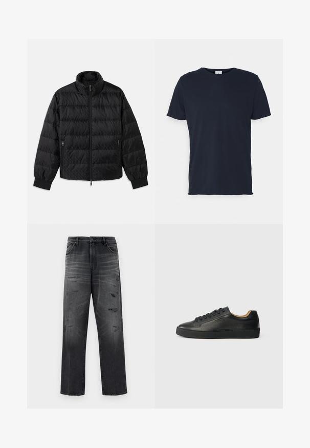 Chaqueta acolchada negra con acolchado, cuello alto, cremallera frontal, bolsillos laterales con cremallera y puños elásticos sobre un fondo blanco.; Camiseta de algodón azul marino con cuello redondo y mangas cortas, de textura suave y diseño simple, sin patrones ni acentos visibles.; Jeans de mezclilla negra con un corte relajado, que presentan un diseño desgastado y parches rasgados. Estilo estándar de cinco bolsillos y cierre de botón.; Zapatilla negra de cuero de caña baja con superficie texturizada, cordones negros y suela de goma gruesa, mostrada de lado sobre un fondo claro.