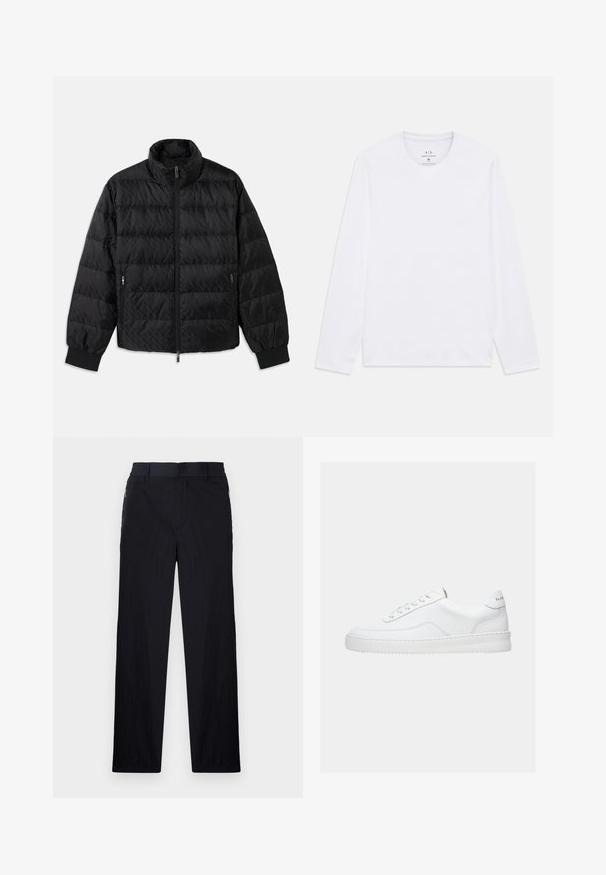 Chaqueta acolchada negra con acolchado, cuello alto, cremallera frontal, bolsillos laterales con cremallera y puños elásticos sobre un fondo blanco.; Camisa blanca de manga larga con cuello redondo y el logo de Armani Exchange impreso en el interior del cuello, talla mediana.; Pantalones negros con una tela ligera y texturizada, diseño de pierna recta, cinturilla elástica y bolsillos laterales con cremallera.; Zapatilla deportiva blanca de corte bajo con diseño con cordones, parte superior de cuero liso y suela gruesa, vista de lado sobre un fondo liso.