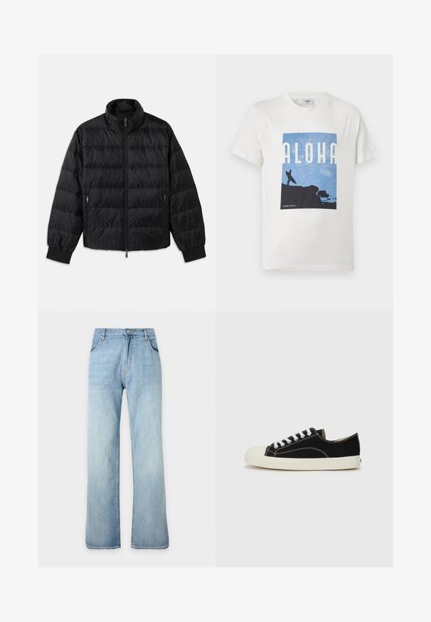 Schwarze, gesteppte, gepolsterte Jacke mit hohem Kragen, Frontreißverschluss, seitlichen Reißverschluss-Taschen und elastischen Bündchen auf einem weißen Hintergrund.; Weißes T-Shirt mit kurzen Ärmeln, darauf eine blaue Grafik eines Surfers, der ein Brett auf einer Klippe hält, mit dem Text "ALOHA" und dem "JOOP! JEANS"-Logo darunter.; Hellblaue gerade geschnittene Jeans aus Denim mit vorderem Knopf- und Reißverschluss, vorderen Taschen und Gürtelschlaufen, vor einfachem Hintergrund gezeigt.; Schwarze Leinensneaker mit weißen Nähten, einer abgerundeten Gummikappe und weißen Schnürsenkeln. Verfügt über ein strukturiertes Obermaterial aus Stoff und eine beigefarbene Sohle.