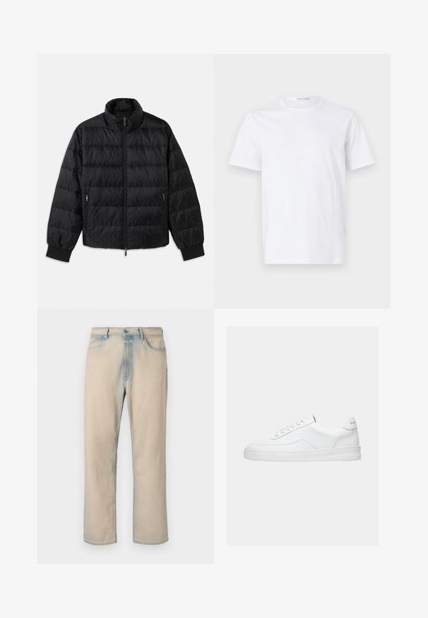Sort quilted, polstret jakke med høj krave, frontal lynlås, lynlåslommer i siderne og elastiske manchetter på en hvid baggrund.; Hvid bomulds t-shirt med rund halsudskæring og korte ærmer. Glat tekstur, lige snit og minimalistisk design uden mønstre eller accenter.; Lyse beige denim jeans med lige ben design, falmede blå detaljer, fem lommer og en knaplukning i taljen.; Hvid lavt sneaker med snørelukning, glat læderoverdel og tyk sål, vist fra siden på en ensfarvet baggrund.