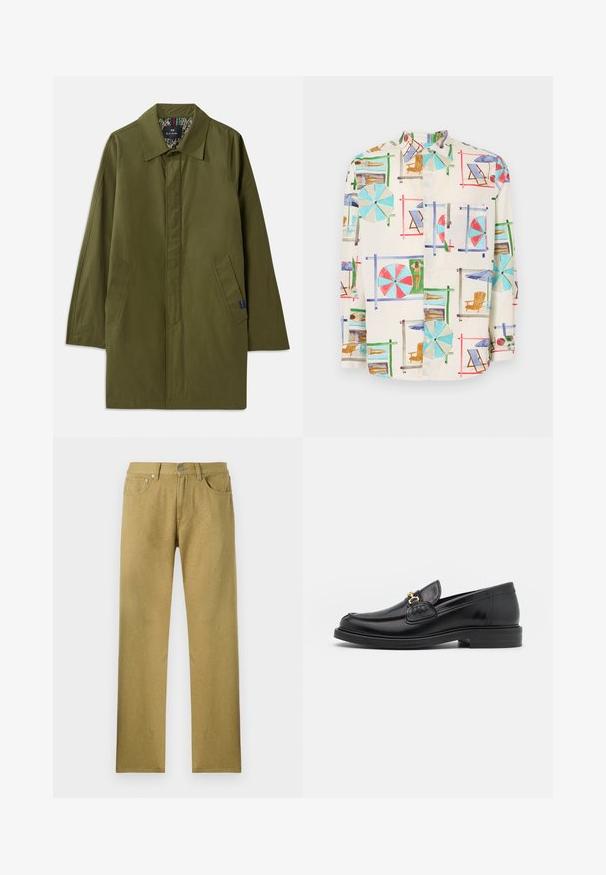 Manteau léger vert olive avec un col pointu, deux poches latérales et une doublure intérieure à motifs. Présente une coupe décontractée et droite.; Chemise à manches courtes avec boutons en tissu léger, ornée d'un imprimé coloré représentant une scène de plage avec des parapluies, des chaises et des baigneurs.; Pantalons droits olive, dotés de poches avant, d'une fermeture à bouton, et d'un motif texturé subtil sur le tissu.; Mocassins en cuir noir avec un embout rond, présentant des accents en métal doré et des détails de couture, montés sur une semelle en caoutchouc texturé et basse.