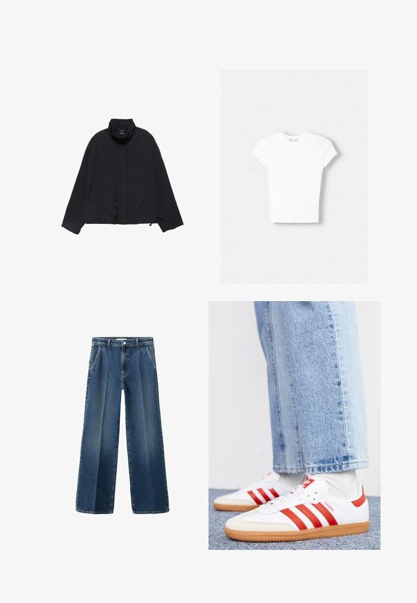 Veste noire légère avec un col montant, une coupe ample et deux coutures horizontales à l'avant. Présente une texture minimale et aucun élément métallique visible.; T-shirt blanc à manches courtes en coton doux, avec un col rond et une coupe ajustée. Pas de motifs ni d'ornements visibles.; Jean denim bleu à jambes larges avec une taille haute, doté de poches avant, d'une fermeture à boutons et d'un léger effet délavé sur le tissu.; Baskets en cuir blanc avec des rayures et des accents rouges. Dotées d'une semelle extérieure en gomme texturée et d'un col rembourré. Portées avec un jean en denim bleu clair.