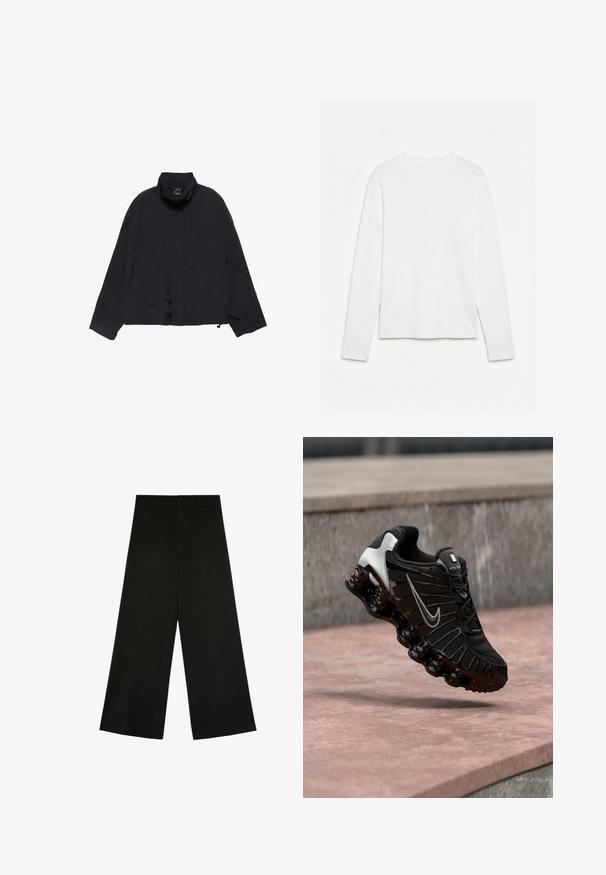 Veste noire légère avec un col montant, une coupe ample et deux coutures horizontales à l'avant. Présente une texture minimale et aucun élément métallique visible.; T-shirt blanc uni à manches longues et col rond, posé à plat sur une surface blanche, montrant l'avant et la longueur complète des manches.; Pantalon noir à jambes larges avec fermeture par bouton et zip, passants de ceinture et plis d’avant, posé à plat sur fond blanc.; Chaussure de sport noire avec tige en mesh texturé, accents argentés, et une semelle épaisse et brillante noire comportant des éléments de rembourrage arrondis.