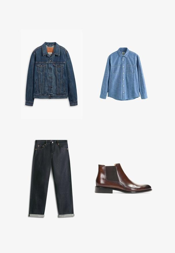 Blauwe spijkerjack met een klassiek ontwerp, voorzien van borstzakken, metalen knopen en contrasterende stiksels. Gestructureerde kraag en zoom.; Blauw chambray overhemd met lange mouwen, knoopsluiting aan de voorkant en twee borstzakken, plat gelegd op een witte achtergrond.; Donkerblauwe spijkerbroek met omgeslagen boorden, vijf zakken en contrasterende stiksels, plat uitgespreid op een witte achtergrond.; Bruine leren enkellaars met elastische zijkanten, een gladde afwerking, gestikte details en een lage rechthoekige hak.