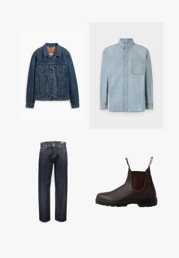 Blaue Jeansjacke mit klassischem Design, ausgestattet mit Brusttaschen, Metallknöpfen und kontrastierenden Nähten. Strukturierter Kragen und Saum.; Hellblaue Denim-Hemd mit langen Ärmeln, Knopfleiste und einer einzelnen Brusttasche. Verfügt über einen klassischen Kragen und Standardmanschetten.; Junk De Luxe LOOSE - Jeans Straight Leg - rinse wash; Brauner Chelsea-Stiefel aus Leder mit elastischem Seiteneinsatz, brauner Naht, Zuglaschen und einer strapazierfähigen Gummisohle mit strukturiertem Muster.