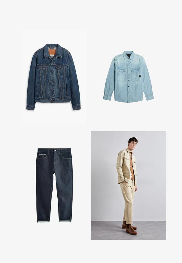 Blaue Jeansjacke mit klassischem Design, ausgestattet mit Brusttaschen, Metallknöpfen und kontrastierenden Nähten. Strukturierter Kragen und Saum.; Hellblaues Denim-Hemd mit langen Ärmeln, Knopfverschluss, zwei vorderen Pattentaschen mit Knöpfen und klassischem Kragen.; Dunkle Denim-Jeans mit geradem Bein, ausgestattet mit Knopfverschluss, zwei Vorderentaschen und aufgerollten Bündchen. Glatte Textur, minimalistische Nähte.; Beige Baumwolljacke mit zwei Brusttaschen über einem braunen Hemd und passenden beigen Hosen. Braune Lederstiefeletten runden das Outfit ab.