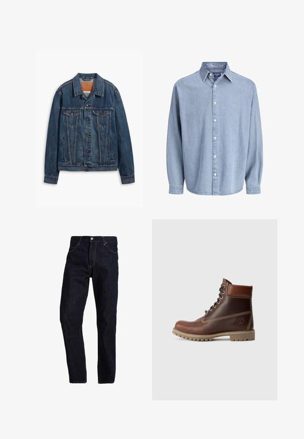 Blauwe spijkerjack met een klassiek ontwerp, voorzien van borstzakken, metalen knopen en contrasterende stiksels. Gestructureerde kraag en zoom.; Lichtblauwe denim lange mouw knoophemd met kraag en witte knopen, weergegeven tegen een effen witte achtergrond.; Donkerblauwe spijkerbroek met een rechte pasvorm, voorzien van gele stiksels, vijf zakken en een klassieke knoop- en ritsluiting.; Bruine leren veterschoen tot de enkel met gevoerde kraag, contrasterende stiksels en een robuuste zool, getoond vanaf de buitenkant op een witte achtergrond.