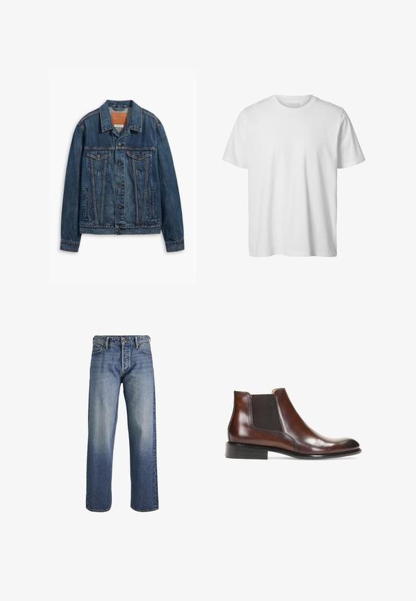 Blaue Jeansjacke mit klassischem Design, ausgestattet mit Brusttaschen, Metallknöpfen und kontrastierenden Nähten. Strukturierter Kragen und Saum.; Schlichtes weißes T-Shirt mit kurzen Ärmeln und Rundhalsausschnitt, lässiger Passform und ohne sichtbare Logos oder Designs auf der Vorderseite.; Blaue Denim-Jeans mit lockerer Passform, ausgestattet mit einem verwaschenen Look, Fünf-Taschen-Design, Gürtelschlaufen und einem Reißverschluss.; Braune Leder-Stiefelette mit elastischen Seiteneinsätzen, glatter Oberfläche, genähten Details und einem niedrigen rechteckigen Absatz.