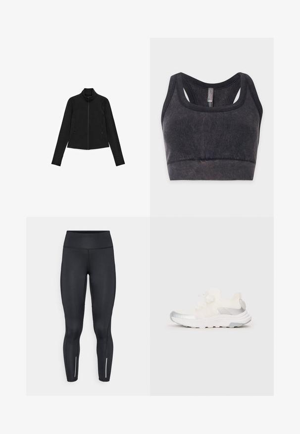 Veste noire à fermeture éclair avec haut col, manches longues, poches latérales et texture lisse et élégante. Design minimaliste, sans motifs ni accents visibles.; Brassière de sport noire en tissu côtelé avec larges bretelles et dos nageur, présentée à plat sur un fond clair.; Leggings noirs en tissu extensible avec une taille haute, présentant des accents réfléchissants près des chevilles et une texture lisse.; Baskets de sport blanches avec une tige texturée, des accents argent métallisé sur les côtés et les orteils, et une semelle rembourrée. Lacets noués en nœud.