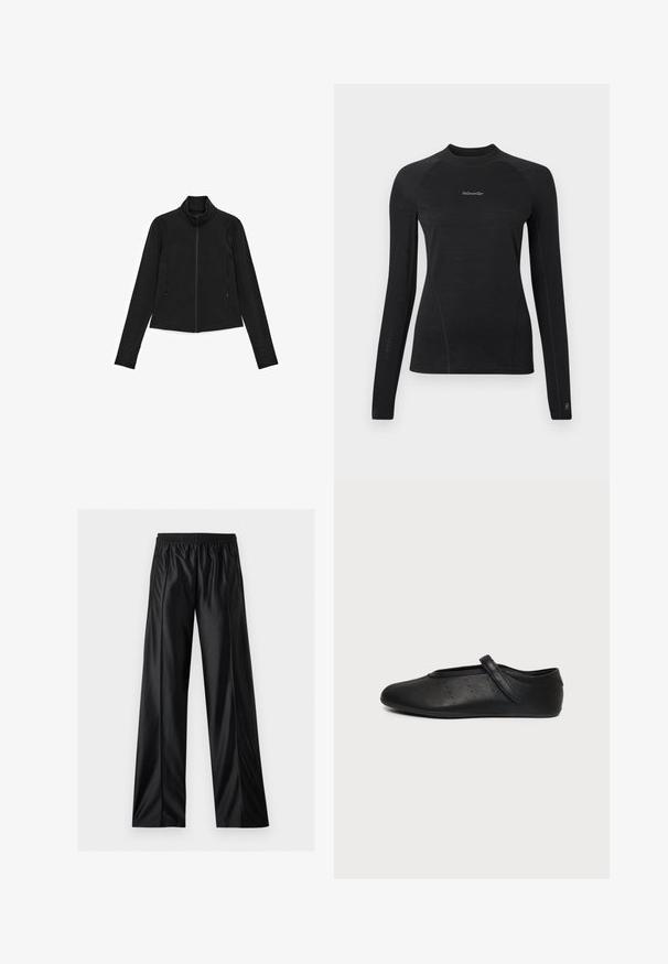 Veste noire à fermeture éclair avec haut col, manches longues, poches latérales et texture lisse et élégante. Design minimaliste, sans motifs ni accents visibles.; Chemise ajustée à manches longues noire avec un col rond et le logo « Woolxweiler » centré sur la poitrine.; Pantalon noir en similicuir à jambes larges avec taille élastique et poches zippées sur les côtés, présenté sur fond blanc.; Chaussure plate Mary Jane en cuir noir avec une bride unique et de petits points perforés sur le côté, présentée sur un fond gris clair uni.