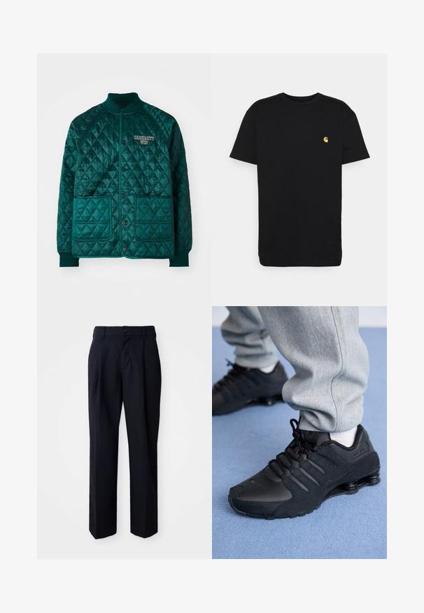 Διπλωμένη bomber jacket σε σκούρο τιρκουάζ, με ριγωτό γιακά, δύο μπροστινές τσέπες, κλείσιμο με κουμπιά και κεντητό λογότυπο στο στήθος.; Μαύρο βαμβακερό t-shirt με κοντά μανίκια, κλασικό λαιμόκομμα και ένα μικρό κίτρινο λογότυπο στην αριστερή πλευρά του στήθους. Απλός σχεδιασμός και κανονική εφαρμογή.; Μαύρο παντελόνι με ίσια γραμμή, κατασκευασμένο από λείο ύφασμα. Διαθέτει κουμπί στη μέση, θηλιές ζώνης και πτυχές στο μπροστινό μέρος για δομή.; Άτομο που φοράει μαύρα Nike Shox sneakers και γκρι φόρμες, στέκεται πάνω σε ανοιχτό μπλε χαλί.