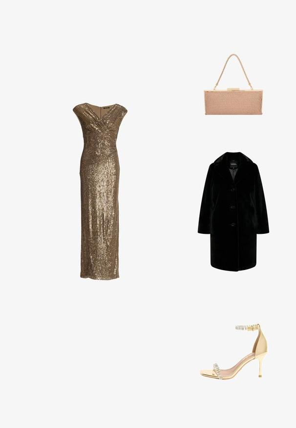 Schwarzer Kunstfellmantel mit Reverskragen, Knopfverschluss und entspannter Silhouette. Glatte Textur mit langen Ärmeln und seitlichen Taschen.; Abendkleid ohne Ärmel aus goldenen Pailletten mit V-Ausschnitt, Wickeldesign und figurbetontem langen Schnitt.; Goldfarbene Stiletto-Sandale mit dünnem Highheel, mit Kristallen besetztem Knöchelriemen und Zehenriemen sowie einem quadratischen offenen Zehendesign.; Metallische roségoldene Clutch-Tasche mit einer strukturierten Mesh-Oberfläche, goldfarbenen Beschlägen und einem dünnen, geflochtenen Schultergurt.