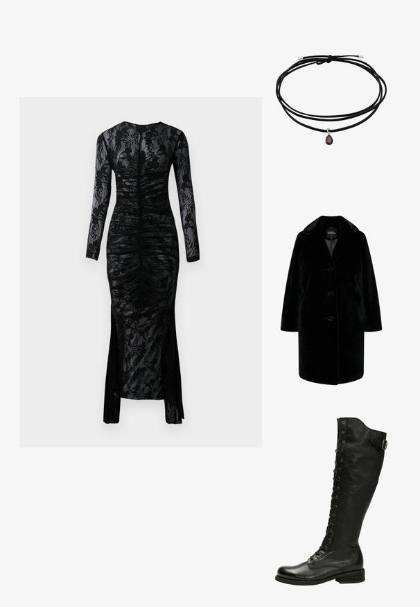 Schwarzer Kunstfellmantel mit Reverskragen, Knopfverschluss und entspannter Silhouette. Glatte Textur mit langen Ärmeln und seitlichen Taschen.; Langärmliges schwarzes Kleid mit figurnaher Silhouette, gerafftem Stoff und blumiger Spitzenüberlagerung. Verfügt über einen Schlitz am unteren Rand für zusätzlichen Detail.; Schwarze Leder-Knöchelstiefel mit Schnürung vorne, silbernen Ösen und seitlichem Schnallenverschluss. Verfügt über eine strukturierte Oberfläche und einen gestapelten Absatz.; Schwarzes Schnurhalsband mit drei Strängen und einem tropfenförmigen dunklen Edelsteinanhänger, gesichert mit metallischen Verschlussakzenten.