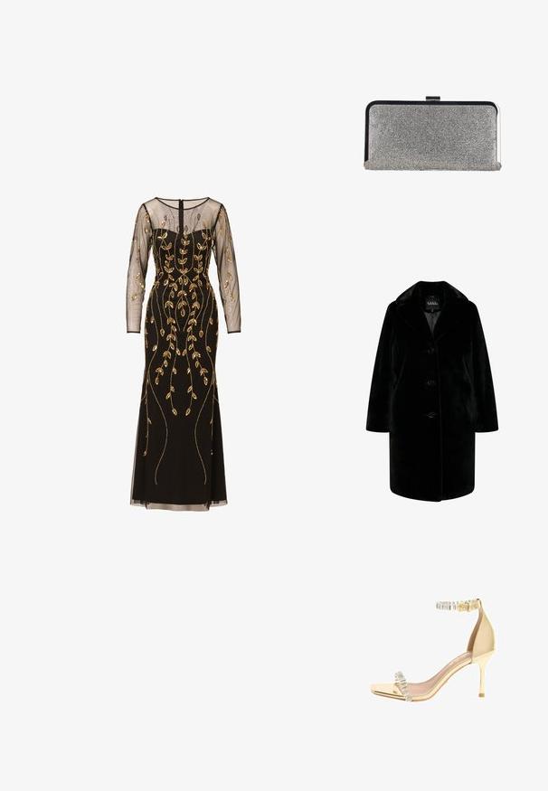 Schwarzer Kunstfellmantel mit Reverskragen, Knopfverschluss und entspannter Silhouette. Glatte Textur mit langen Ärmeln und seitlichen Taschen.; Schwarzes Abendkleid mit transparenten langen Ärmeln, verziert mit goldenen Blattstickereien und einer taillierten Silhouette. Mit Reißverschluss hinten, bodenlanges Design.; Goldfarbene Stiletto-Sandale mit dünnem Highheel, mit Kristallen besetztem Knöchelriemen und Zehenriemen sowie einem quadratischen offenen Zehendesign.; Rechteckige silberne Clutch-Tasche, bedeckt mit kleinen Strasssteinen, mit einem schwarzen und silbernen Metallrahmen und einem Verschluss.