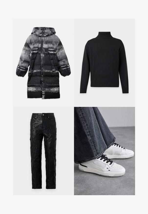 Manteau rembourré noir et gris avec capuche, présentant un motif abstrait, des boutons-pression et des poches latérales. Texture douce et isolante.; Pull noir à col roulé tricoté à manches longues avec poignets, col et ourlet côtelés, présenté sur un fond clair uni.; Pantalon en cuir noir avec poches avant, passants de ceinture, fermeture par bouton et détails de panneaux cousus sur les jambes.; Baskets blanches avec des lacets noirs et des détails en maille. Dotées d'une tige en cuir lisse et d'une semelle en caoutchouc texturée. Associées à un jean gris à jambes larges.