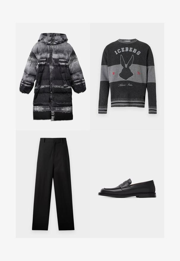 Manteau rembourré noir et gris avec capuche, présentant un motif abstrait, des boutons-pression et des poches latérales. Texture douce et isolante.; Pull rayé gris foncé et gris clair avec une silhouette de lapin noire, texte "ICEBERG" et "Milano Italia" brodés sur le devant.; Pantalons noirs en coton avec une coupe droite, dotés d'une fermeture à bouton à l'avant et de poches latérales. Texture lisse, sans motifs.; Mocassin penny en cuir noir avec un petit talon, un bout arrondi et une bride décorative sur le dessus, posé sur un fond clair uni.