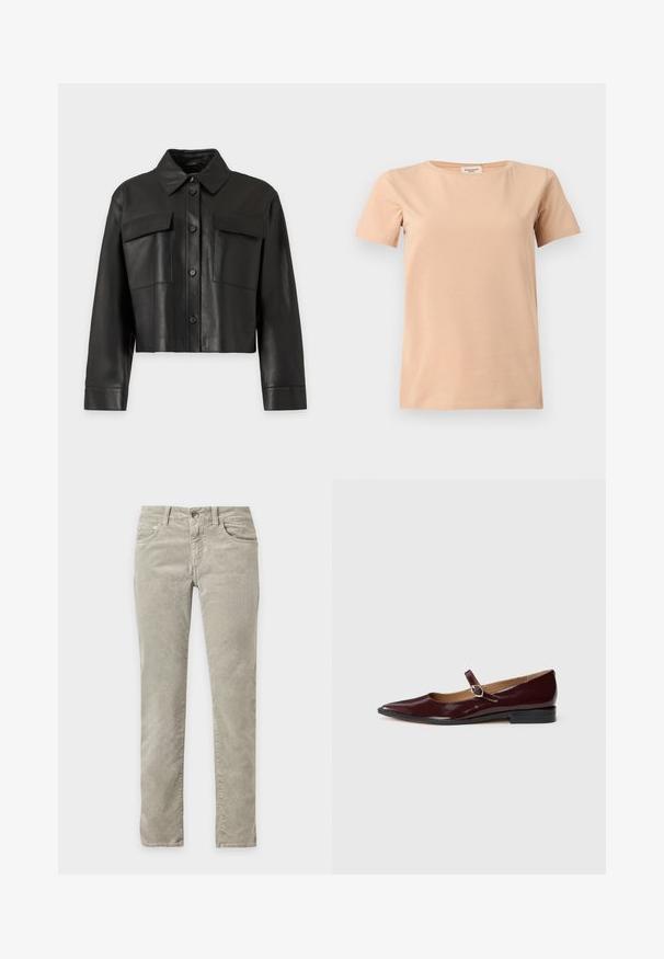 Veste en cuir noire courte avec manches longues, fermeture à boutons sur le devant, col pointu et deux poches poitrine à rabat sur un fond uni.; T-shirt beige manches courtes avec col rond et ourlet droit sur un fond uni gris clair.; Pantalon slim gris clair avec cinq poches, passants pour ceinture et fermeture par bouton, présenté sur fond blanc.; Ballerines en cuir verni bordeaux de type Mary Jane avec un bout pointu, un talon plat et une sangle décorative avec une boucle circulaire.