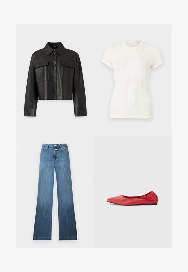 Veste en cuir noire courte avec manches longues, fermeture à boutons sur le devant, col pointu et deux poches poitrine à rabat sur un fond uni.; T-shirt blanc en maille côtelée à manches courtes avec col rond et manches légèrement bouffantes.; Jean en denim bleu à taille haute, fermeture à boutons, poches avant et arrière, et légère évasement en bas.; Filippa K REY FLATS - Ballerines - bright red
