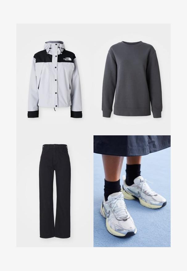 Chaqueta con capucha en gris claro y negro, con botones frontales, cordones ajustables y el logo de The North Face en el pecho.; Sudadera gris hecha de una tela texturizada, con cuello redondo, mangas largas y puños y dobladillo de canalé, con un corte relajado.; Vaqueros amplios de talle alto en negro, con cierre frontal de botón y cremallera, trabillas para cinturón y dos bolsillos frontales, sobre un fondo blanco.; Zapatillas Nike blancas y plateadas con tejido de malla, detalles reflectantes y una suela beige. Llevadas con calcetines negros, de pie sobre una superficie azul.