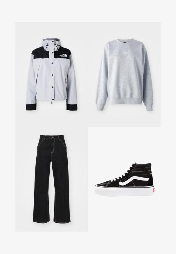 Lichtgrijs en zwarte hoodiejack met voorste knopen, verstelbare trekkoorden en het logo van The North Face op de borst.; Grijze sweatshirt met lange mouwen, ronde halslijn, ribgebreide boorden en zoom. Bevat een klein wit logo op de borst. Gemaakt van een katoenmix.; Zwart wijde jeans gemaakt van denim. Voorzien van contrasterende witte stiksels, voorkanten zakken en een knoopsluiting in de taille.; Zwarte high-top sneakers met witte veters, een wit logo en contrasterende witte stiksels. Heeft een dikke witte zool en een bovenwerk van gestructureerd suede.