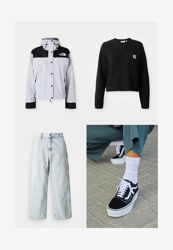 Veste à capuche gris clair et noire avec des boutons à l'avant, des cordons de serrage ajustables et le logo The North Face sur la poitrine.; Pull en maille côtelée noir avec un col rond, des manches longues et une poche avant arborant un petit patch logo. Longueur cropped.; Pantalons en denim bleu clair à jambes larges avec de grandes poches latérales, taille haute et coupe ample. Texture usée avec une finition décolorée.; Baskets en suède noir avec des accents et des lacets blancs, présentant une épaisse semelle blanche et des coutures contrastantes, associées à une chaussette blanche.