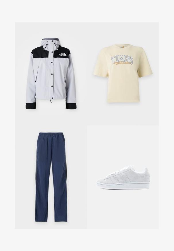 Lysegrå og sort hættejakke med frontknapper, justerbare snore og The North Face-logo på brystet.; Cremefarvet kortærmet t-shirt med "TIMBS Authentic" i blå og gyldne bogstaver. Fremstillet af blød bomuld med en afslappet pasform.; Navyblå letvægtsbukser med elastisk talje, sidelommer og hvide striber langs ydersømmene på benene.; Grå ruskindssneaker med hvide snørebånd, der har tre hvide striber på siden, en rund tå og en hvid gummisål.