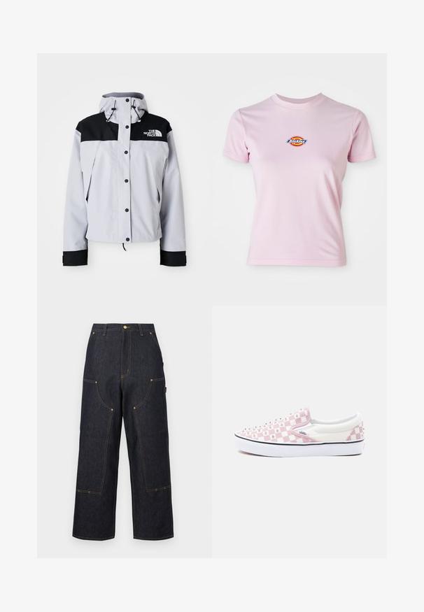 Hele hall hall ja must kapuutsiga jakk esipaneelil nööpidega, reguleeritavate paeltega ja The North Face logo rinnal.; Roosa puuvillane T-särk lühikeste varrukatega, ümmargune kaelus ja rinnal väike ümmargune logo, millel on punased, kollased ja sinised värvid.; Tumesinised laiapõhjalised teksapüksid, millel on mitu esist taskut, kontrastsed oranžid õmblused ja vöökohal nööp.; Sisetõmmatavad tossud roosa ja valge ruudulise mustriga, hõbedaste naeltega, valge tallaga ning Vansi logo külgpaneelil.