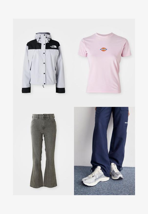 Veste à capuche gris clair et noire avec des boutons à l'avant, des cordons de serrage ajustables et le logo The North Face sur la poitrine.; T-shirt en coton rose à manches courtes, col rond et un petit logo circulaire aux couleurs rouge, jaune et bleu sur la poitrine.; Jean en denim gris évasés avec une taille haute, des passants de ceinture, cinq poches et une finition en tissu doux et texturé.; Baskets de sport Nike avec une tige en maille argentée, des accents blancs et des semelles texturées, associées à un pantalon marine ample.