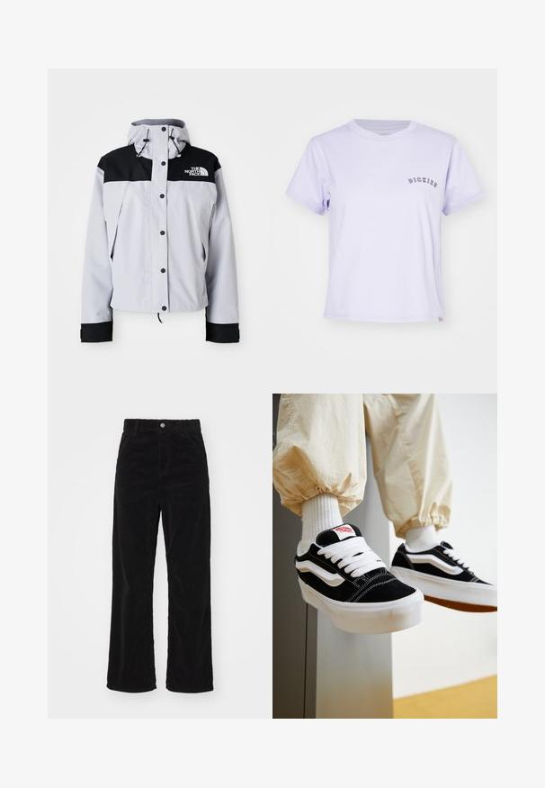 Chaqueta con capucha en gris claro y negro, con botones frontales, cordones ajustables y el logo de The North Face en el pecho.; Camisa de algodón de color lila claro con cuello redondo, mangas cortas y la palabra "DICKIES" bordada en púrpura oscuro en el pecho.; Pantalones de pana anchos en color negro con cintura alta, que cuentan con un cierre frontal de botón y cremallera, y una textura acanalada vertical en todo su diseño.; Persona que lleva zapatillas Vans negras y blancas con cordones blancos, calcetines blancos y pantalones beige con puños elásticos.