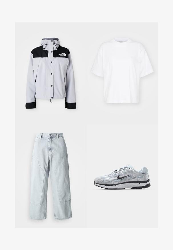Chaqueta con capucha en gris claro y negro, con botones frontales, cordones ajustables y el logo de The North Face en el pecho.; Camiseta de algodón blanca con cuello redondo, mangas cortas y un corte relajado. Presenta un logo sutil en el área del pecho izquierdo. Textura suave.; Pantalones de denim de tiro alto y pernera ancha en azul claro, con grandes bolsillos laterales y un ajuste holgado. Textura desgastada con un acabado desvanecido.; Zapatillas Nike P-6000 con parte superior de malla gris claro, acentos negros y suela de goma negra duradera. Presentan un diseño intrincado y un sistema de cordones.