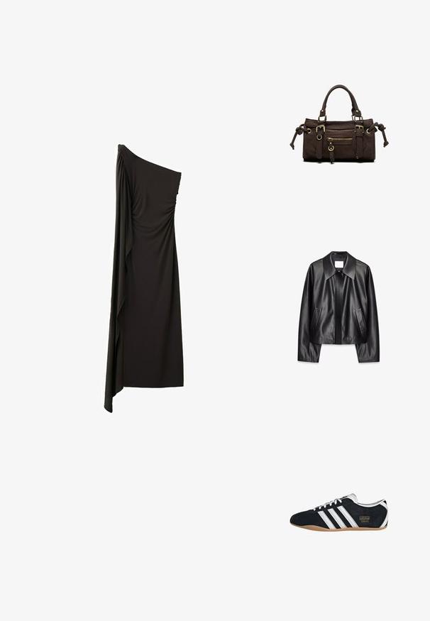 Sort læderjakke med bred krave, forlommer og en glat tekstur. Designet er cropped med lange ærmer.; Sort asymmetrisk aftenkjole med én skulder og draperet stof, der går fra skulderen til kanten.; Sort ruskinds sneaker med hvide tre striber, guldlogo og en brun gummisål. Har et lavprofil snørebåndsdesign.; Mørkebrun læderhåndtaske med dobbelte håndtag, forreste lynlåslomme, dekorative spænder og sideknuder på hvid baggrund.