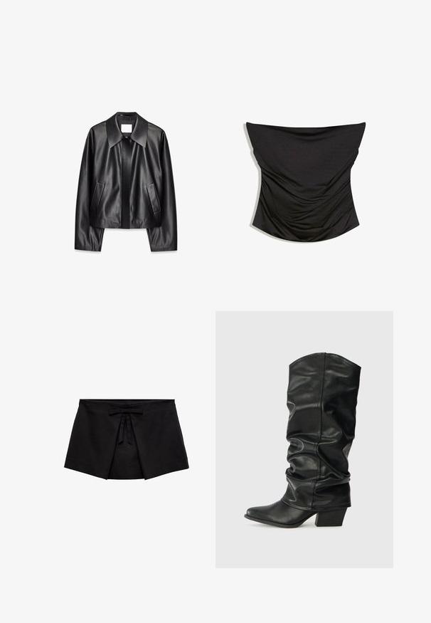 Sort læderjakke med bred krave, forlommer og en glat tekstur. Designet er cropped med lange ærmer.; Sort stropløs rynket satin korset top med en lige udskæring og tætsiddende silhuet på hvid baggrund.; Sort mini nederdel i omslagsstil med frontfælde detaljer og en lille bundet sløjfe ved taljen.; Sorte læderknæhøje støvler med et skrånet design, spids tå og chunky hæl, der har en glat overflade og minimal syning.