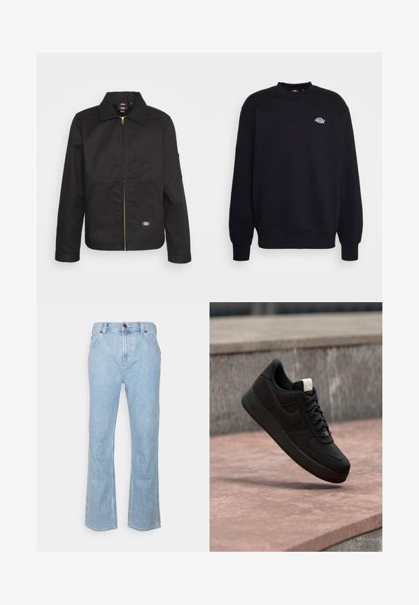 Veste noire zippée avec un col, dotée de deux poches avant et d'un petit logo sur le côté inférieur. Fabriquée en tissu résistant avec une texture lisse.; Sweatshirt noir en mélange de coton, avec un col rond, des manches longues et un petit logo blanc sur la poitrine. Design simple et dépouillé.; Jean en denim bleu clair avec une coupe droite, conception à cinq poches et fermeture à bouton à la taille. Présente des détails cousus.; Baskets Nike Air Force 1 noires flottant au-dessus d’un rebord en béton rose avec un fond en pierre grise, montrant des détails latéraux et supérieurs.