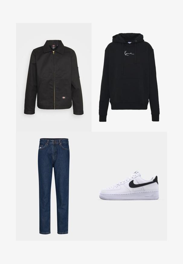 Veste noire zippée avec un col, dotée de deux poches avant et d'un petit logo sur le côté inférieur. Fabriquée en tissu résistant avec une texture lisse.; Hoodie noir en tissu doux, avec une poche avant, des cordons de serrage et un logo brodé blanc sur la poitrine. Coupe classique et poignets côtelés.; Jeans en denim bleu foncé avec une coupe droite, comportant cinq poches, des passants de ceinture et une fermeture à un seul bouton. Texture lisse et couture classique.; Sneaker en cuir blanc avec un Swoosh noir texturé, des lacets plats et une semelle en caoutchouc avec un motif strié. "AIR" est embossé sur le talon.