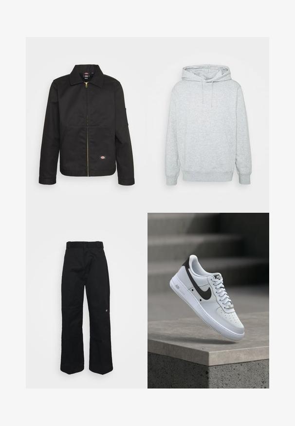 Sort zip-up jakke med krave, der har to forlommer og et lille logo på den nederste del. Lavet af kraftigt stof med en glat overflade.; Grå hættetrøje lavet af en bomuldsblanding, med snor i hætten, kengurulomme, ribbede manchetter og kant, samt en blød tekstur.; Sorte bukser lavet af robust stof, med lige ben, bæltestropper og en lille logo på den nederste side.; Hvid Nike Air Force 1 sneaker med sort swoosh-logo, svævende over en betonforkant med slørede trapper i baggrunden.