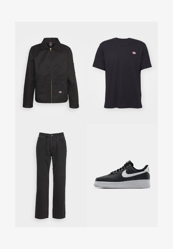 Zwarte zip-up jas met een kraag, voorzien van twee voorkruimelpockets en een klein logo aan de onderkant. Gemaakt van stevig materiaal met een gladde textuur.; Zwart T-shirt met korte mouwen en ronde hals, met een klein kleurrijk Dickies-logo op de linkerborst tegen een effen achtergrond.; Zwarte denim jeans met een rechtzijdig ontwerp, voorzien van een voorste knoopsluiting, riemlussen en twee zijzakken. Gestructureerde stof.; Zwarte lederen sneaker met een textuur oppervlak, witte Nike swoosh, grijze zool, ronde neus en vetersluiting. Bevat perforaties op de neus.