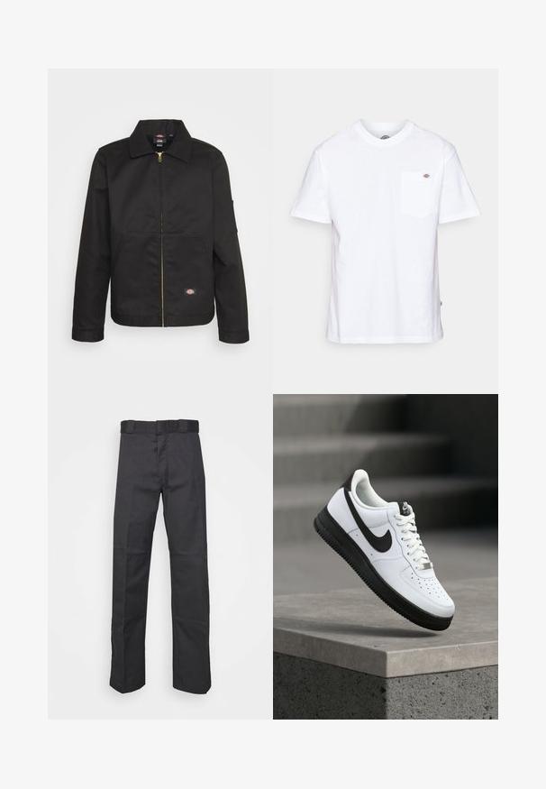 Black zip-up jacket with a collar, featuring two front pockets and a small logo on the lower side. Made of sturdy fabric with a smooth texture.; White cotton t-shirt with a crew neckline, short sleeves, and a chest pocket featuring a small branded logo on the left side.; Black pants made of durable fabric, featuring a straight leg design, a waistband with belt loops, and seams for added texture.; White leather sneaker with black accents, rounded toe, and perforated detailing. Black rubber sole with textured pattern and lace closure.