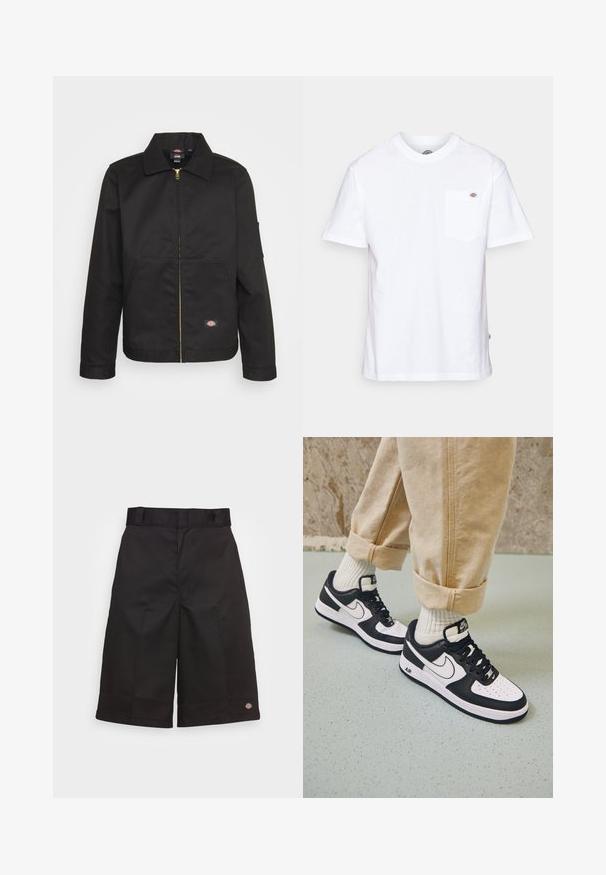 Zwarte zip-up jas met een kraag, voorzien van twee voorkruimelpockets en een klein logo aan de onderkant. Gemaakt van stevig materiaal met een gladde textuur.; Witte katoenen t-shirt met een ronde hals, korte mouwen en een borstzak met een klein merklogo aan de linkerkant.; Zwarte katoenen shorts met een rechte snit, knielengte, voorzien van een zichtbaar merklogo op de zoom en een gladde textuur.; Zwart-witte Nike Air Force 1 sneakers met een leren bovenwerk, geperforeerde neus en gestructureerde zooldetails, gedragen met opgerolde beige broek en witte sokken.