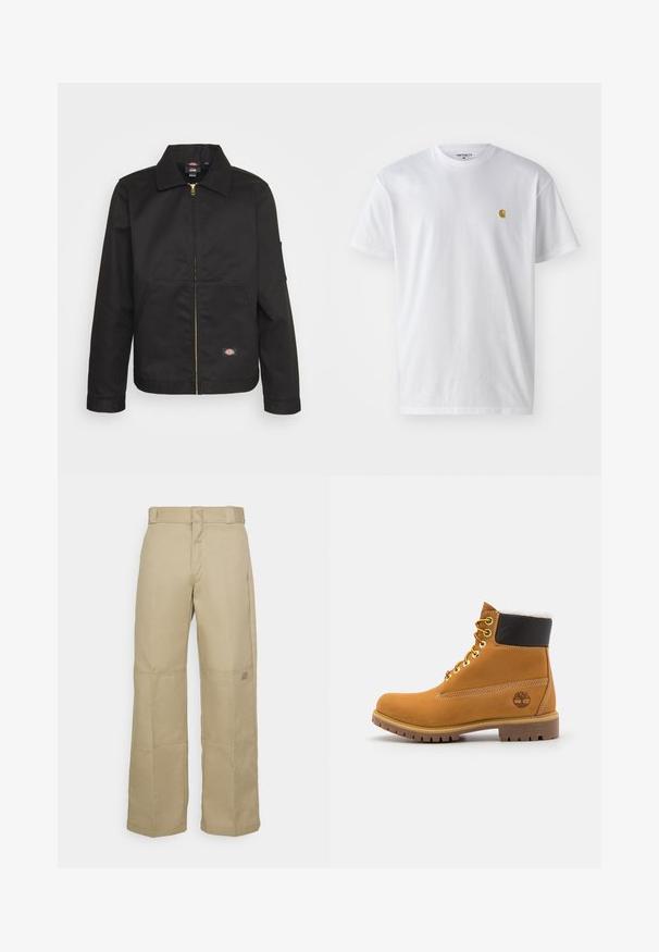 Chaqueta negra con cremallera y cuello, que cuenta con dos bolsillos frontales y un pequeño logo en el lado inferior. Fabricada con un tejido resistente y de textura suave.; Camiseta de algodón blanca con mangas cortas, cuello redondo, que presenta un pequeño logo dorado en la parte izquierda del pecho. Textura suave y corte regular.; Pantalones de pierna ancha color beige, confeccionados con una tela resistente, que presentan una cintura alta, costuras visibles y un pequeño parche con logo en el lateral.; Botín de cuero marrón con ojales de metal, forro de piel sintética blanca, cuello acolchado negro, suela resistente y logotipo en relieve en el costado.